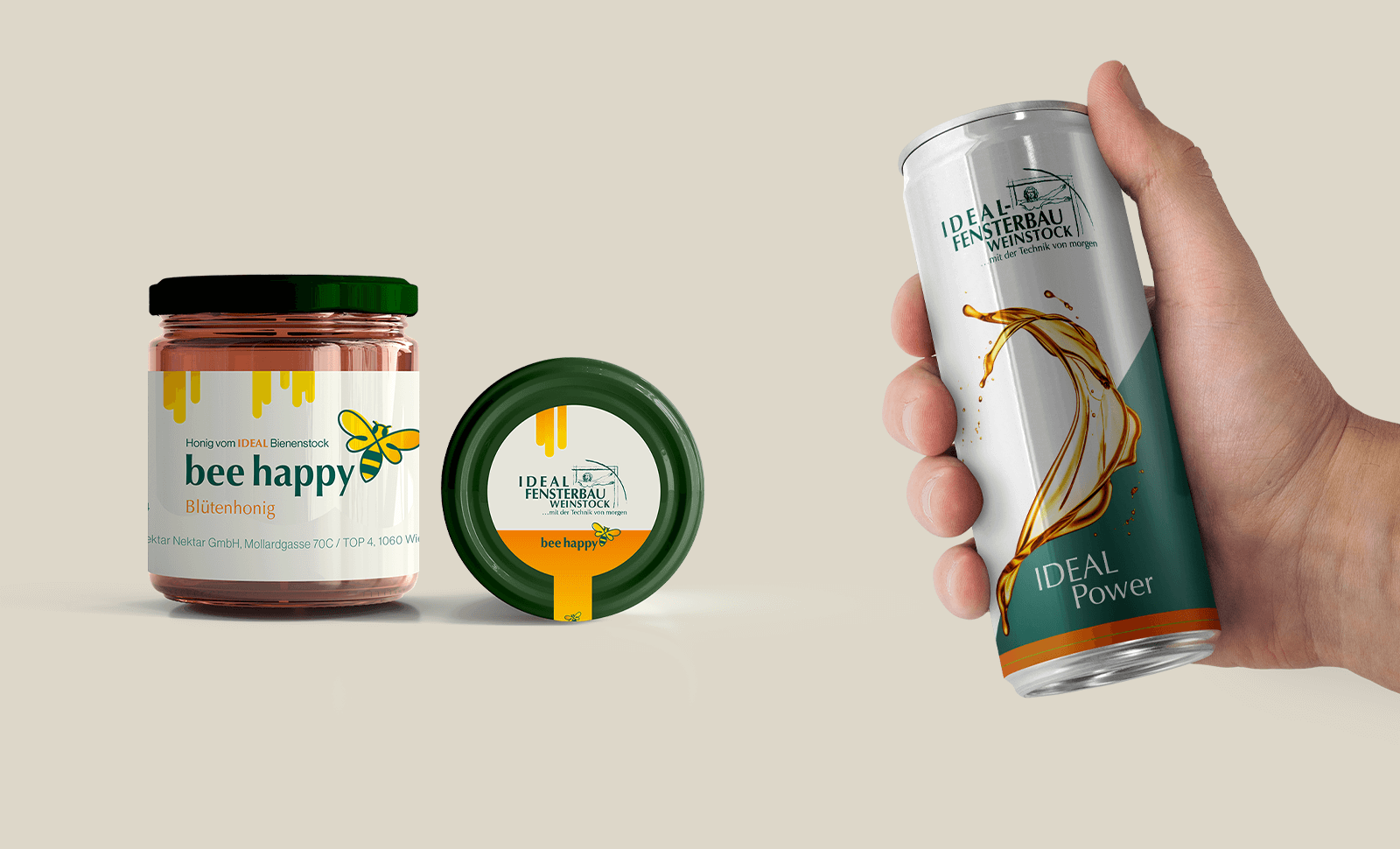 Zwei Merchandisingartikel nebeneinander: Energy Drink und Honig Verpackung
