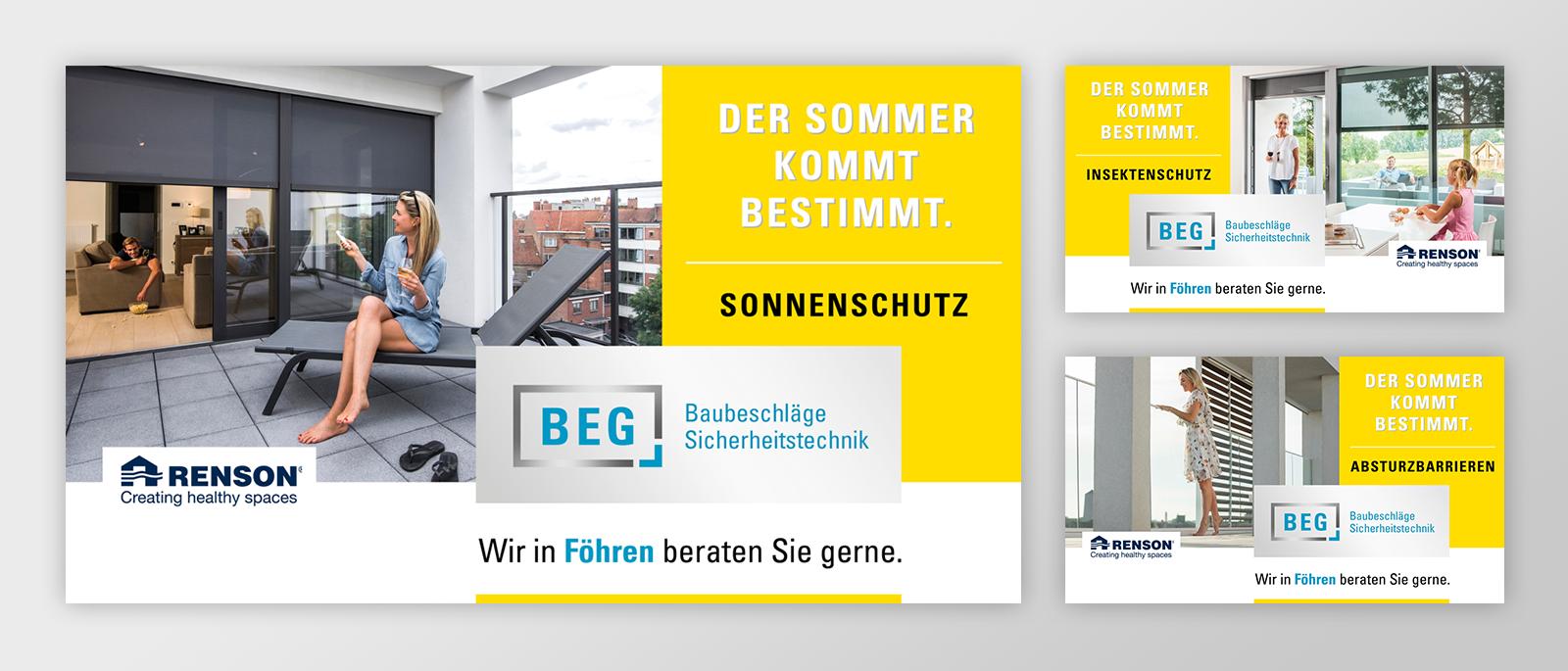 Drei Motive für eine Videowall, passend im Erscheinungsbild der Firma BEG