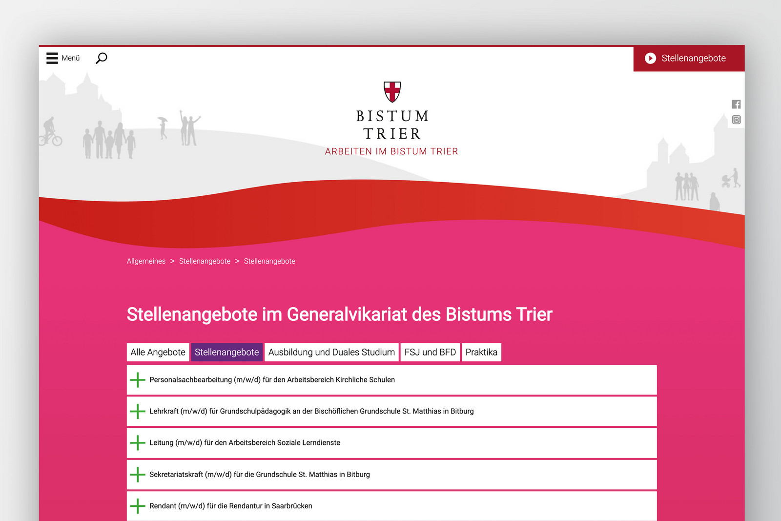 Webseite „Wir glauben an Dich" – Screen Stellenangebote