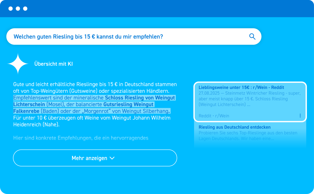 KI-Systeme fassen Inhalte zusammen, bewerten sie und präsentieren dem Nutzer eine kompakte Lösung – noch bevor klassische Suchergebnisse überhaupt betrachtet werden.