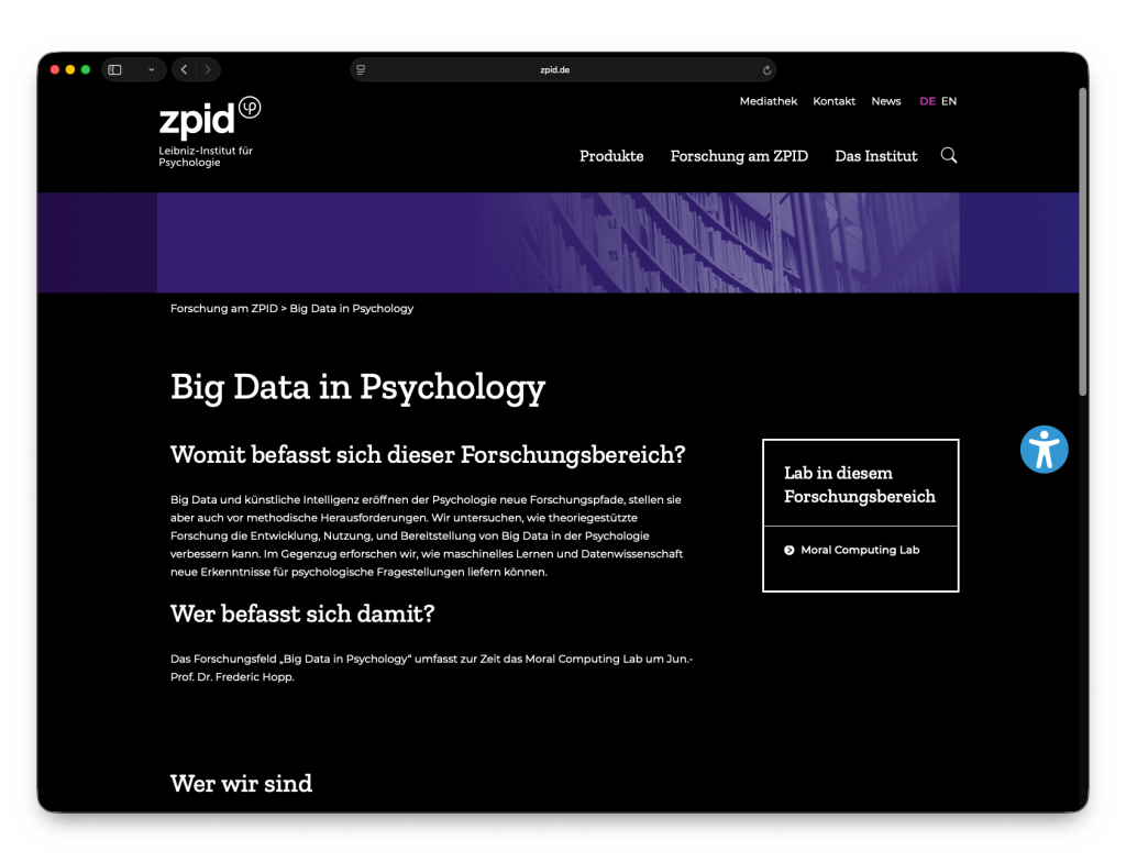 Screenshot des Darkmode der ZPID-Website